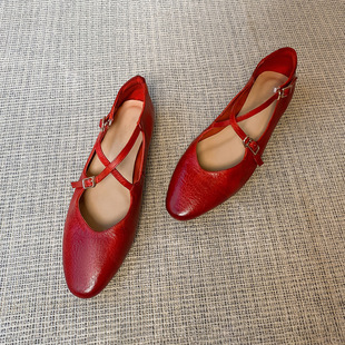 Washed Cowhide ~ Red Ballet Shoes Retro Genuine Leather Cross-Strap Mary Jane Shoes Women's Round Toe Shallow Flats Flats