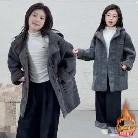 女童秋冬款加厚呢大衣2026新款女中大童韩版复合一体连帽毛呢大衣
