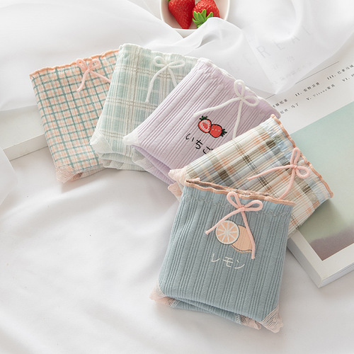 Plaid Japanese underwear women's ribbed cotton girls' pants pure cotton crotch mid-waist shorts women's crotch briefs wholesale