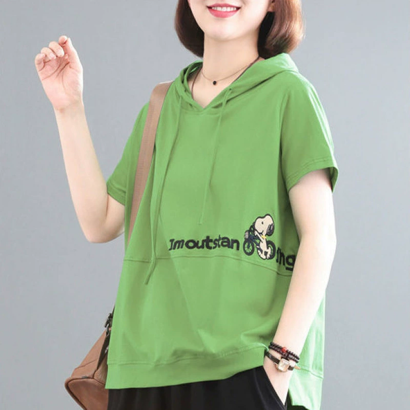 Повседневная толстовка с капюшоном из чистого хлопка/хлопка для женщин, лето 2022, женская свободная рубашка большого размера с короткими рукавами для прикрытия живота