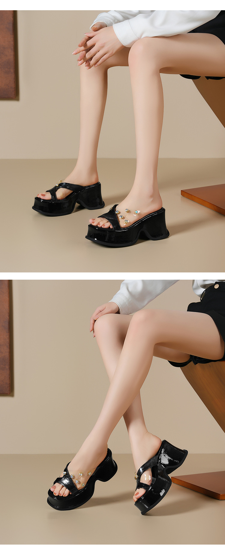 Sandal cao gót nữ đính đá trong suốt quai ngang gót 9cm đế xuồng — Màu đen, Màu trắng be, Màu mơ chi tiết 11
