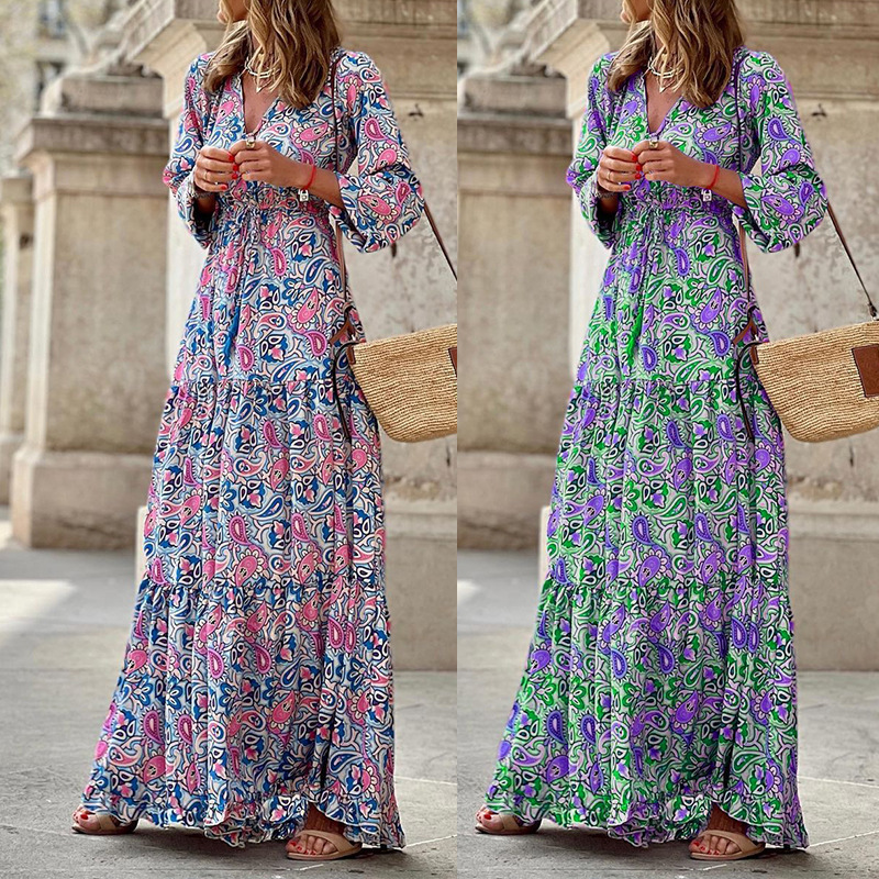 FD937 spot cross-border Women's 2023 autumn new fashion V-neck long sleeve long bohemian dress