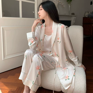 2023新款小红书芍药花睡衣女冰丝吊带睡袍长袖长裤套装家居服春秋