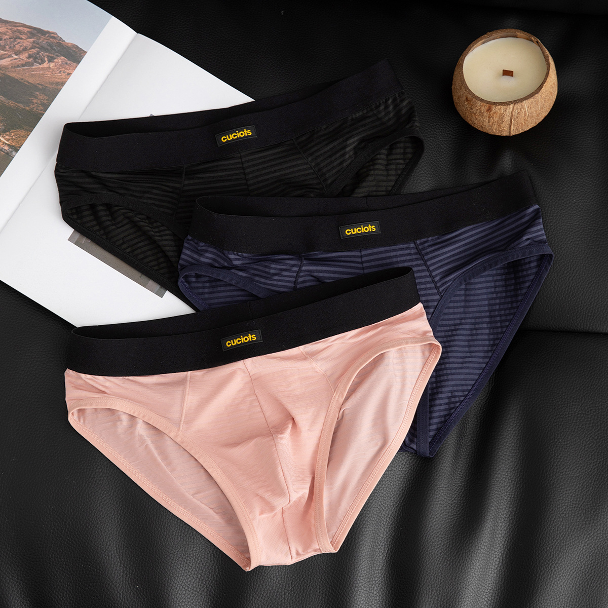 New Original Men's Briefs Ice Silk Sexy Striped Slightly See-Through Comfortable Mid-Waist Briefs Youth Personality