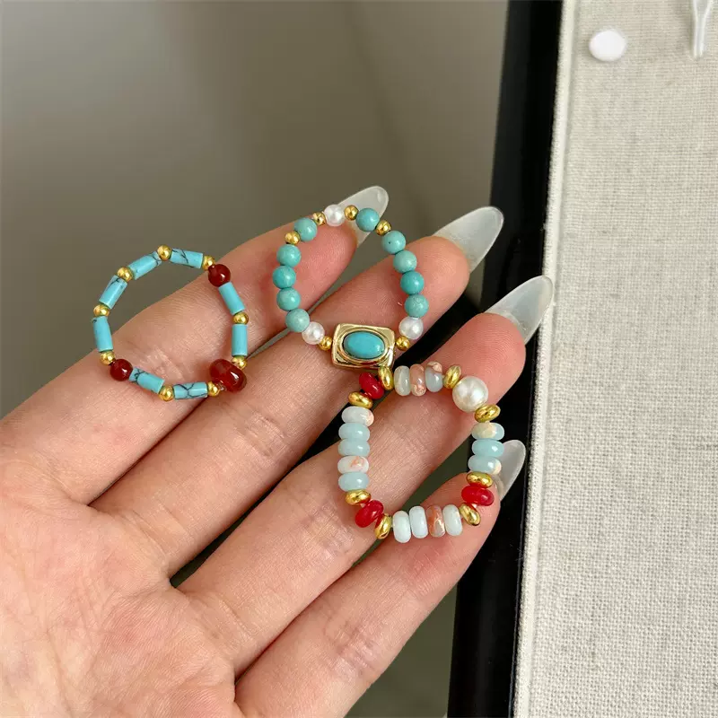 绿松石串珠戒指 天然石百搭多巴胺食指环戒指 小众设计精致手饰女