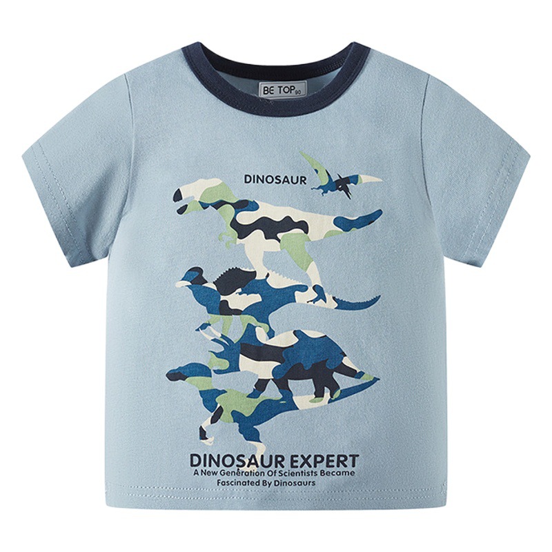 Ropa para niños verano nueva camiseta para niños manga corta dinosaurio de dibujos animados Algodón puro bebé estilo occidental media manga camisa para niños al por mayor