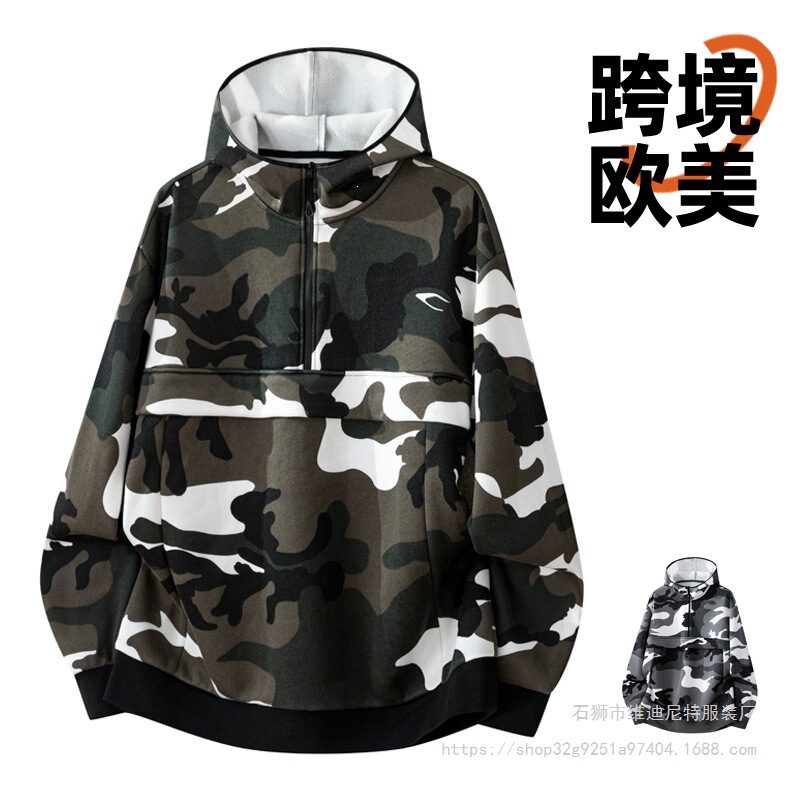 European size cross-border bestseller Amazon pullover camouflage sweatshirt half-zip men's hooded jacket men's winter hoodie foreign trade