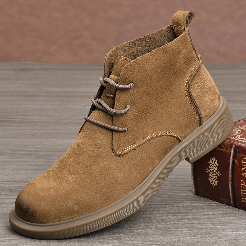 Autumn Mid-Top Men's Casual Martin Boots Wide Leather Shoes Men's Retro Lace-Up Boots Trendy Versatile Single Shoes Cotton Shoes