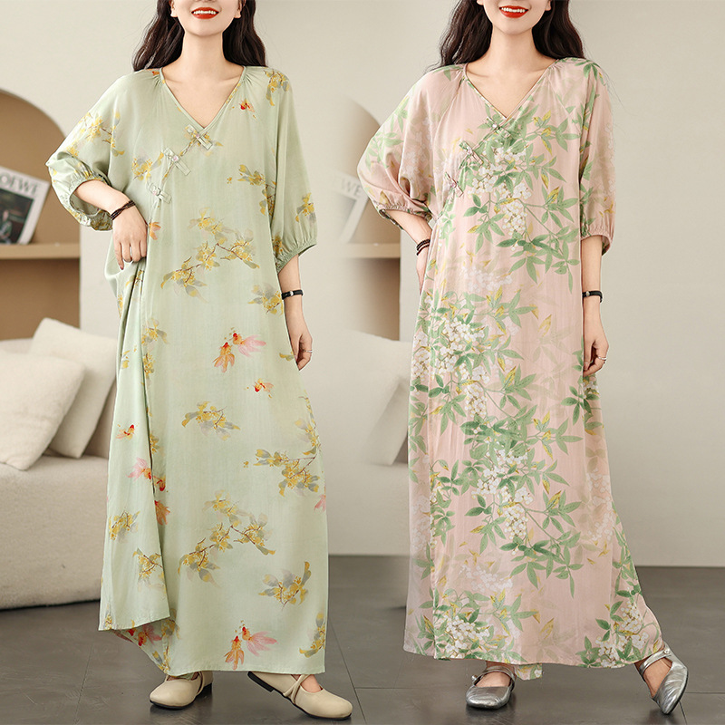 Lazy Style Cheongsam-Style Nightgown for Women, Summer Cool Cotton Silk Dress, Chinese Style Skirt, Extended Length Lazy Style Cheongsam-Style Nightgown for Women, Summer Cool Cotton Silk Dress, Chinese Style Skirt, Extended Length