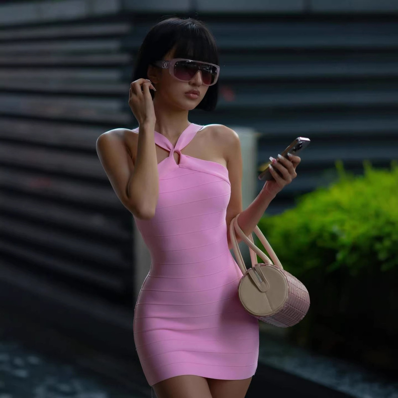 Pink Halter Neck Backless Short Bodycon Model Runway Dress Car Show Party Dress Bandage Dress