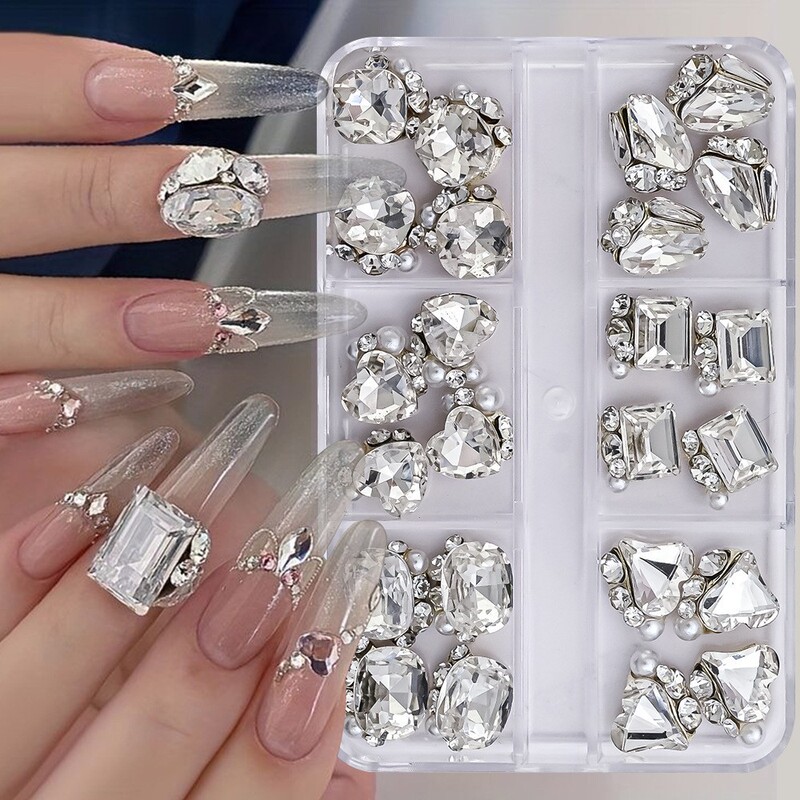 24-Piece Set of White Water Nail Art Rhinestones Popular Nail Decorations Tilted Heart Fat Square Transparent White Rhinestones Nail Salon Box Set