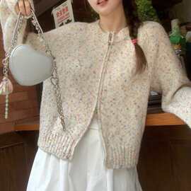 彩点针织毛衣秋冬季新款拉链开衫圆领减龄温柔风针织开衫外套上衣