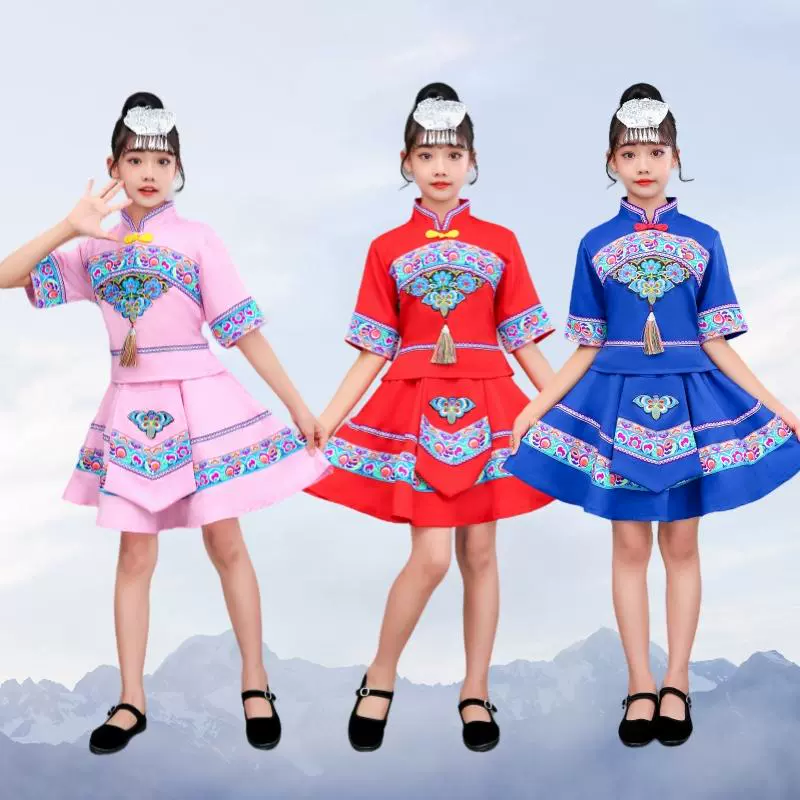 Детские костюмы Zhuang, танец тиуцзя для девочек этнических меньшинств в провинции Гуанси 3 марта, костюмы для выступлений Yao и Miao.