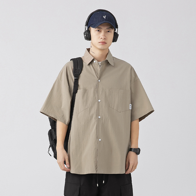Korean and Japanese Style Men's Retro Solid Color Pocket Short-Sleeve Shirt, Spring and Summer Loose Trendy Brand Work Shirt Jacket