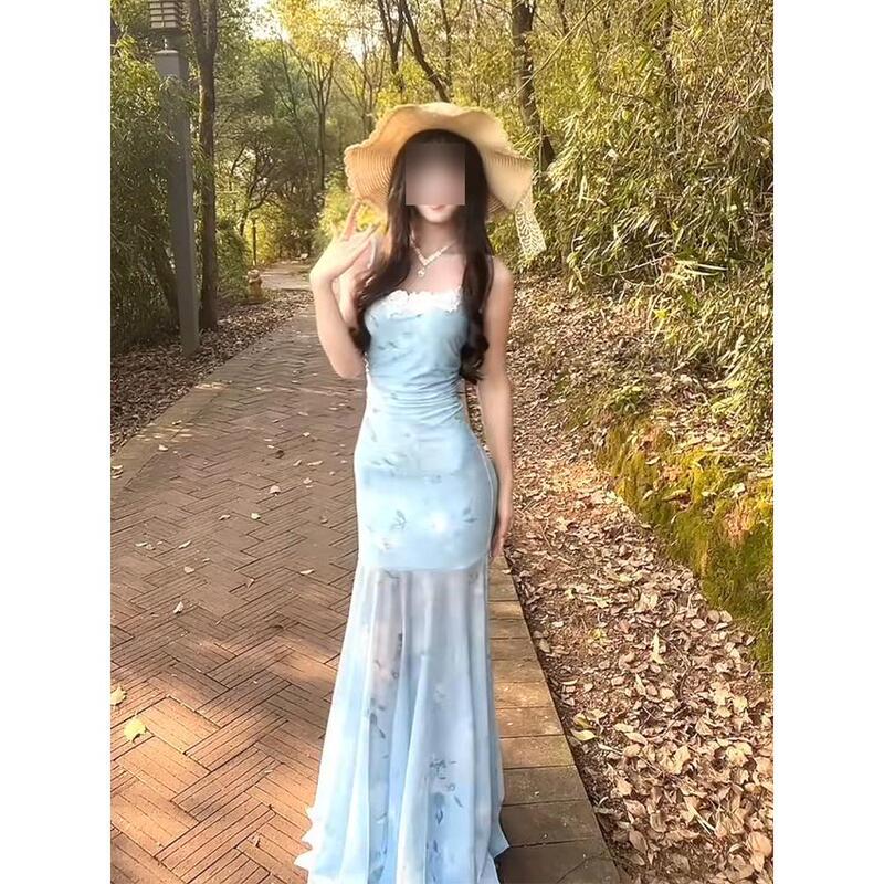 French Pure Lust Style Socialite Style Mesh Suspender Dress Female Hot Girl Lace Stitching High Waist Fishtail Mid-Length Skirt