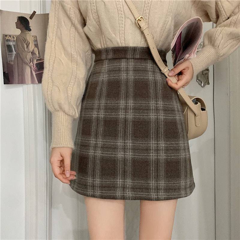 毛呢格子半身裙女装2025春秋冬新款高腰复古a字裙百搭包臀短裙子|undefined