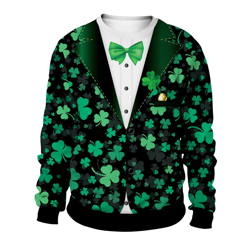 European and American Cross-border Ireland Saint Patrick's Day Green Clover Men's Sweater Printed Pullover Round Neck Couple Clothes