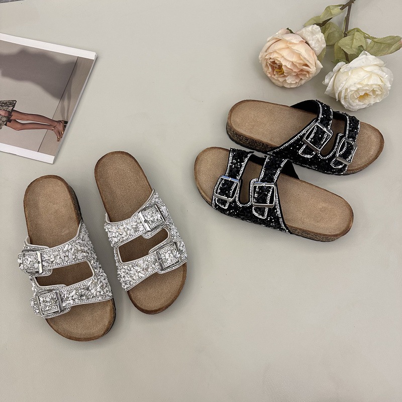 2025 verano Europa y los Estados Unidos comercio exterior transfronterizo zapatillas de doble botón perforación de arena corcho gran fábrica de zapatillas para mujeres