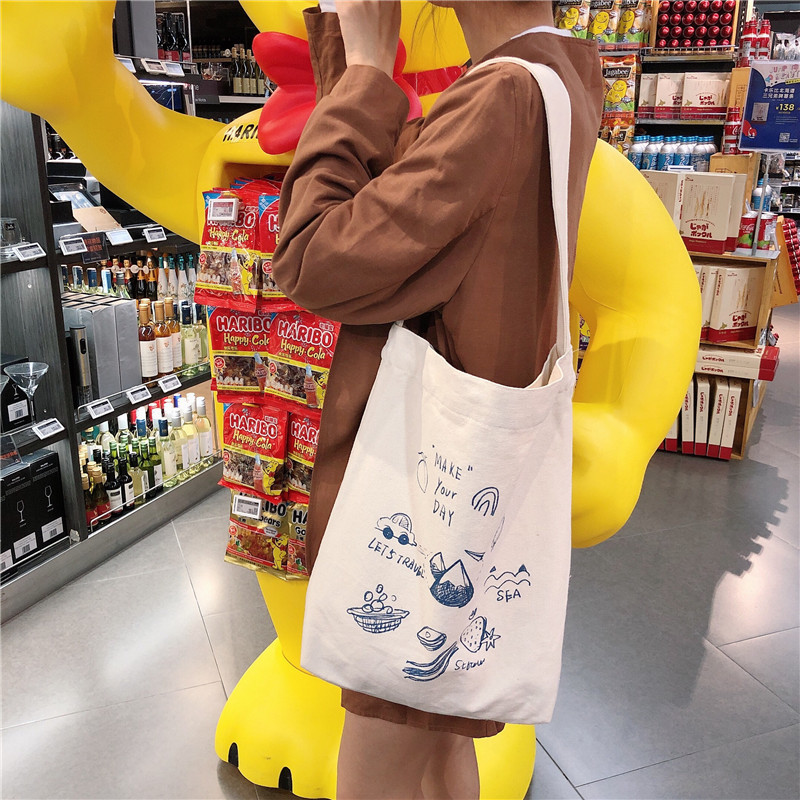99304 ins single-shoulder hand-carry canvas bag, cute cartoon illustration tote bag for girls, student trend undefined