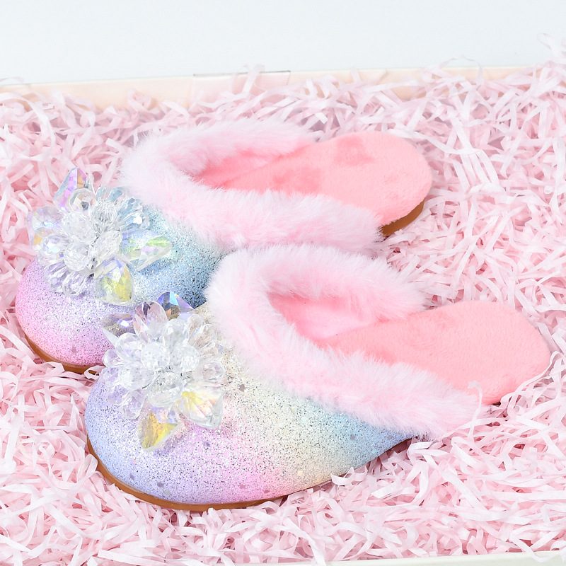 Girls' Furry Slippers Autumn and Winter New Rainbow Princess Crystal Toe Cotton Slippers Baby Girl's Warm Home Cotton Slippers