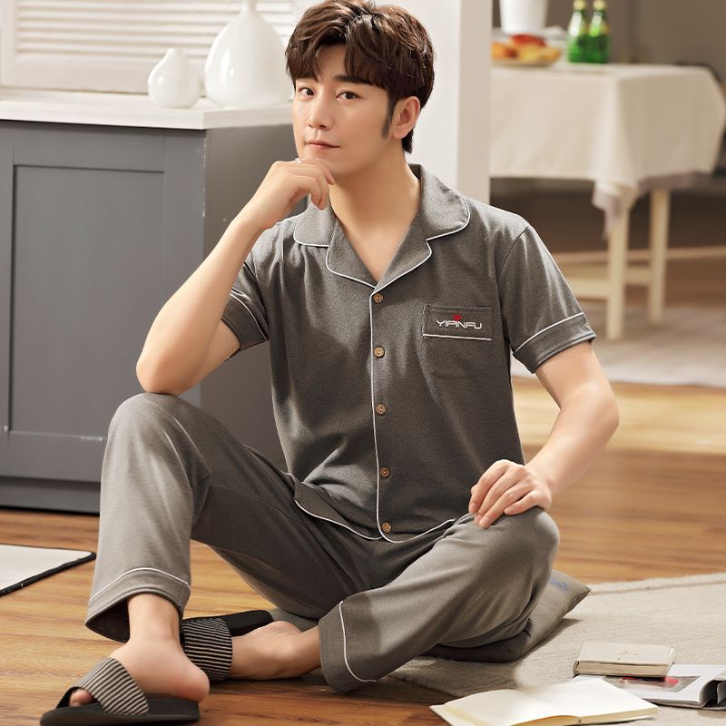 Pijama de algodón 100% de primavera y verano de los hombres pantalones de manga corta cardigan Delgado de los hombres de primavera y otoño de manga corta ropa para el hogar