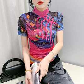 欧货新中式国风设计感盘扣立领短袖印花T恤女打底衫欧货上衣潮实