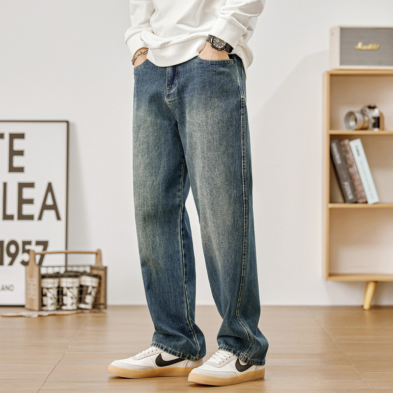 Autumn and Winter New Style Fleece-Lined Thickened Jeans for Men, Large Size, Loose Straight-Leg American Casual Washed Vintage Wide-Leg Pants, Trendy