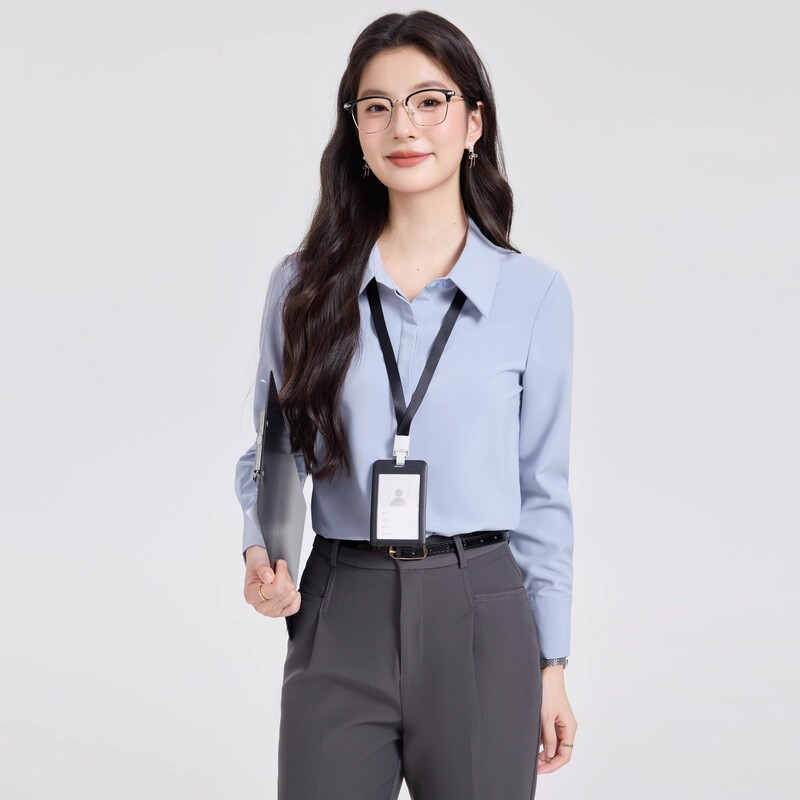 Real Shot of Blue Long-Sleeved Shirt Commuter Top Spring and Autum New High-End Professional Formal Wear Chiffon Shirt for Women