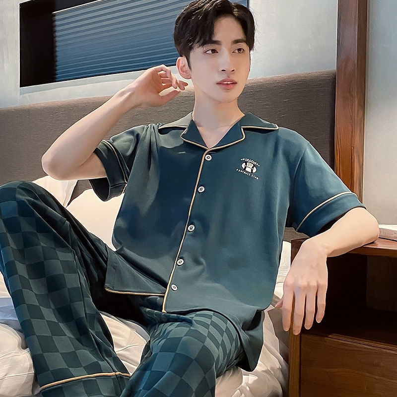 Pijamas de hombre de primavera y verano cardigan pantalones de manga corta 100% algodón de lujo casual ropa de abrigo homewear traje