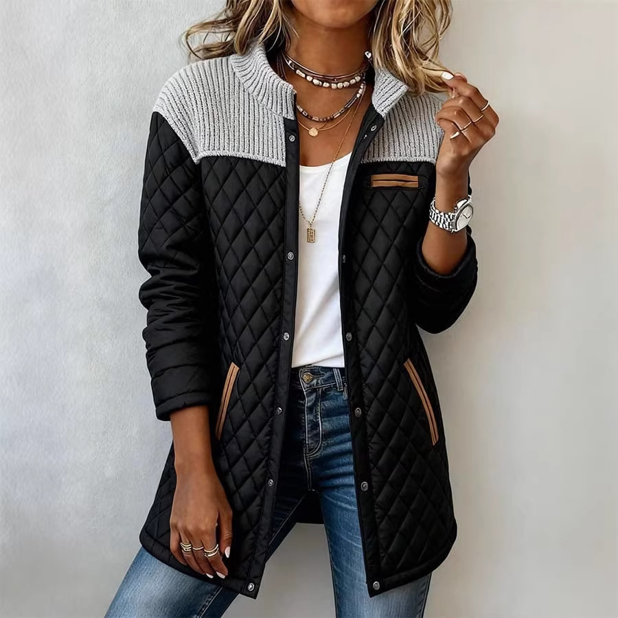 Women's Patchwork Cotton Jacket Long Sleeve Round Neck Diamond Pattern Loose Fit With Pockets Outerwear_voghion.com
