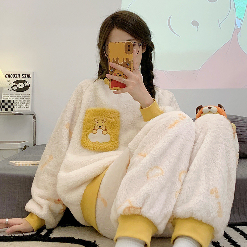 睡衣女秋冬季珊瑚绒加厚保暖韩版束口卡通可爱法兰绒家居服套装女|undefined