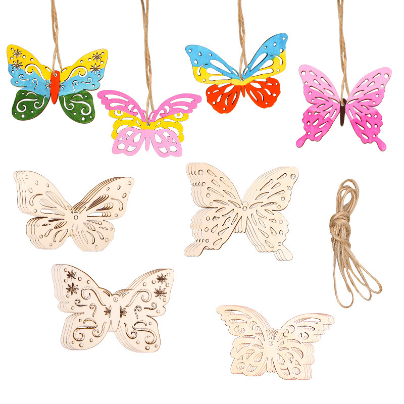 Cross-border Creative Hollow Butterfly Series Wood Chip Hanging Ornaments Wooden Craft DIY with Hemp Rope Home Decoration Pendant