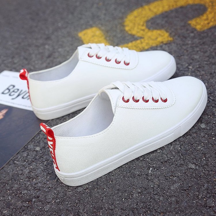Korean Style Spring and Summer New Foreign Trade Women's Shoes, Cheap Leather Injection-Molded White Sneakers with Round Toe, Lace-Up, Color-Blocking, and Thin-Soled Sneakers