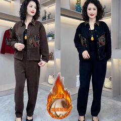 中老年翻领外套运动套装女秋冬宽松休闲洋气妈妈装国风加绒两件套