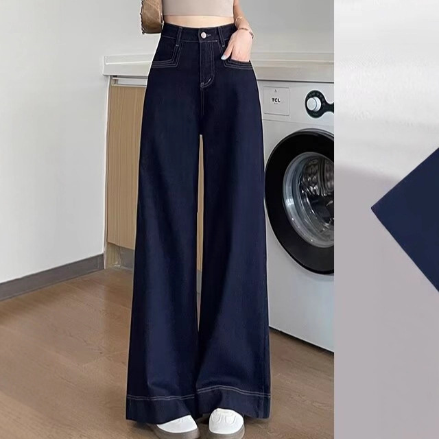 Denim Blue Wide-Leg Soft Jeans for Women in Autumn and Winter Fleece-Lined High-Waisted Loose Floor-Length Pants for Small Pear-Shaped Figures