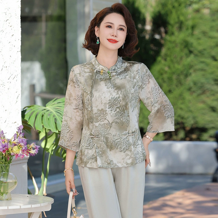 Летний костюм молодой мамы, модная модная рубашка среднего возраста, новый летний комплект из двух предметов для женщин среднего и пожилого возраста.