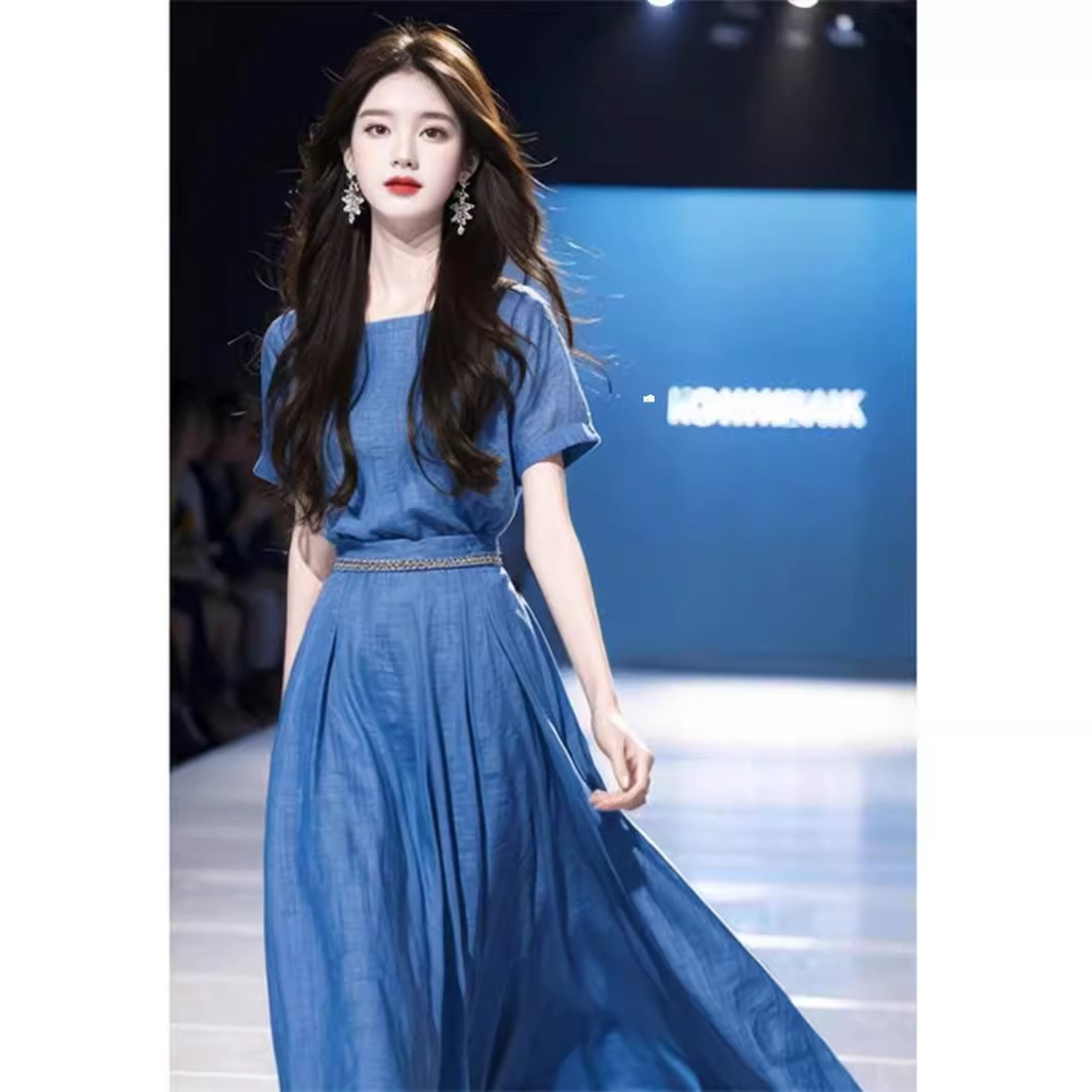 Đầm maxi nữ thắt eo màu xanh thanh lịch mùa hè — Màu xanh lam
