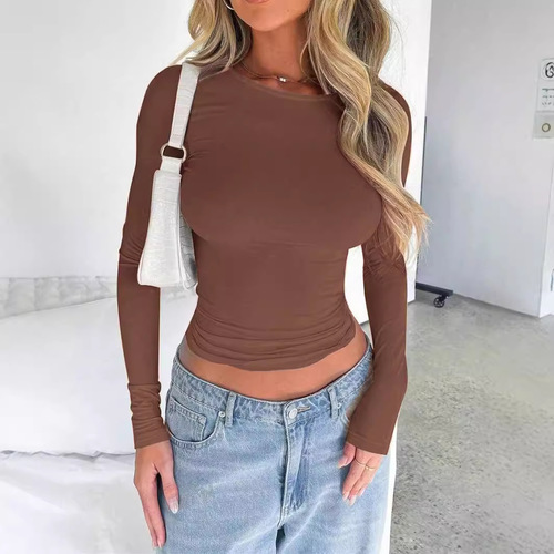 2024 Amazon Temu Bestseller: New European and American Style Solid Color Slim-Fit Round-Neck Short Long-Sleeved T-Shirt for Cross-Border Women’s Fashion