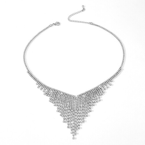 Super flash full diamond crystal tassel necklace for women water drops retro personality bridal diamond hollow light luxury collarbone chain necklace