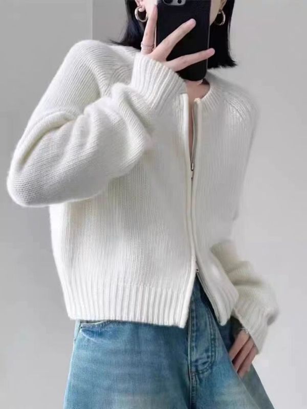 慵懒风双拉链毛衣外套女2025秋冬短款设计感小众简约韩系针织开衫|undefined