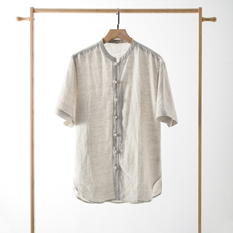 2025 Summer Linen Men's Chinese Button Linen Shirt Casual Loose Stand Collar Short Sleeve Top E003T