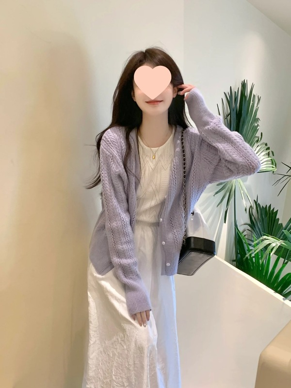 紫色镂空毛衣薄款外套女2025早秋温柔风开衫气质马海毛针织衫上衣|undefined