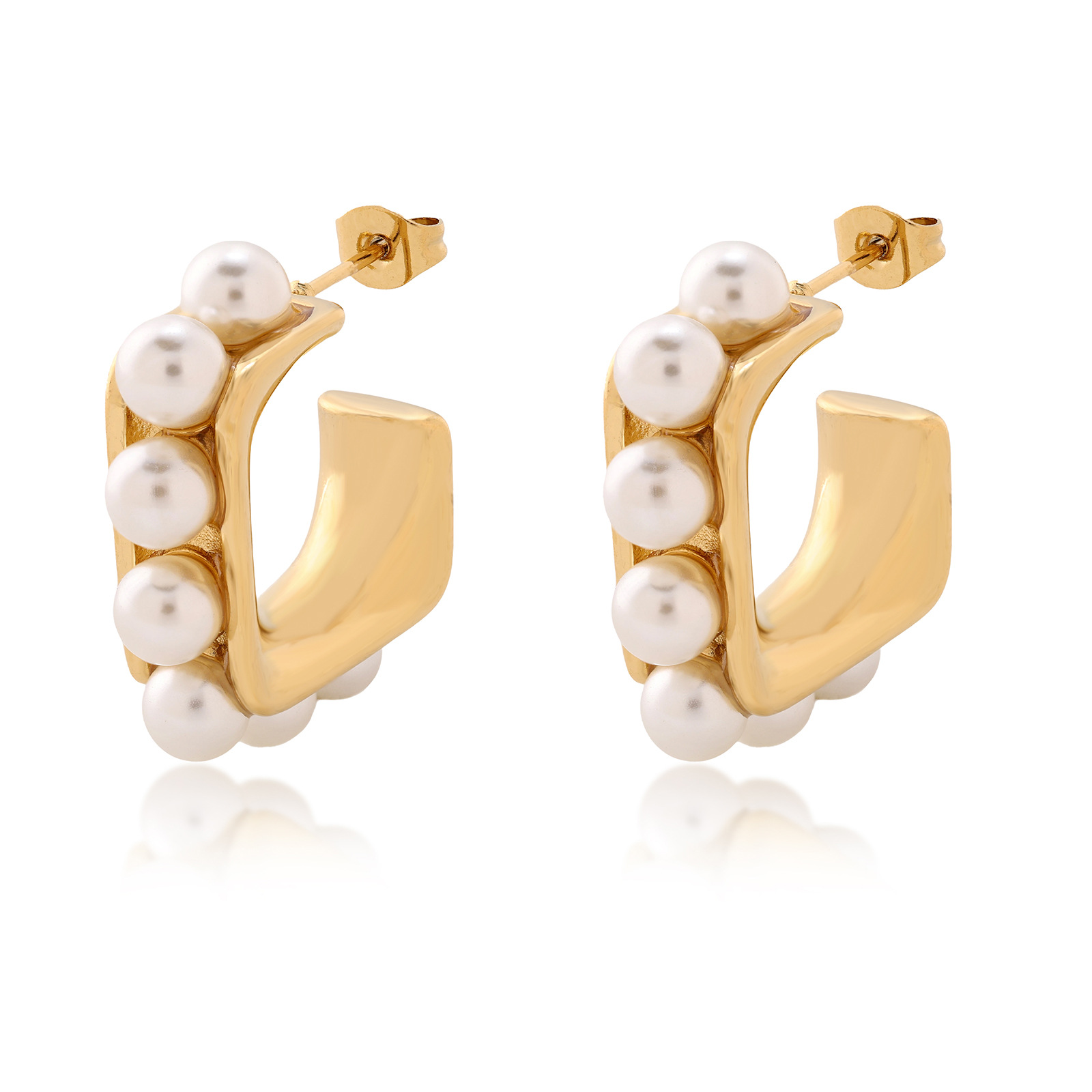 Inlay Design 1 Pair Lady Modern Style C Shape Inlay 304 Stainless Steel Imitation Pearl 18K Gold Plated Ear Studs