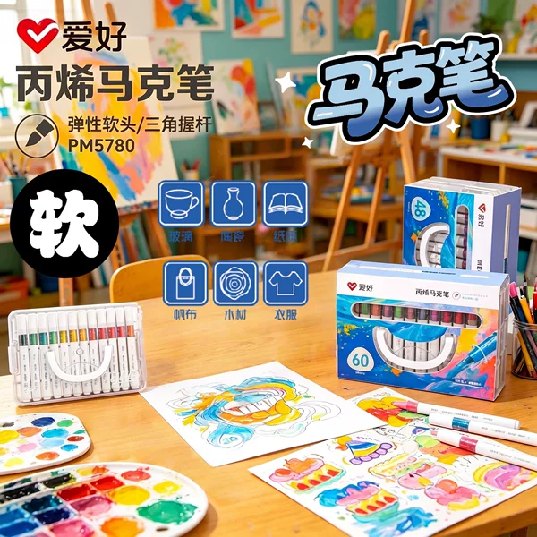 New acrylic marker pens with 60 colors, soft tips, blendable and opaque, suitable for student art use