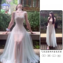 フレンチミントブルーメッシュバックレスサスペンダードレス女性の夏の美しい気質ウエストビーチ休暇ロングスカート
