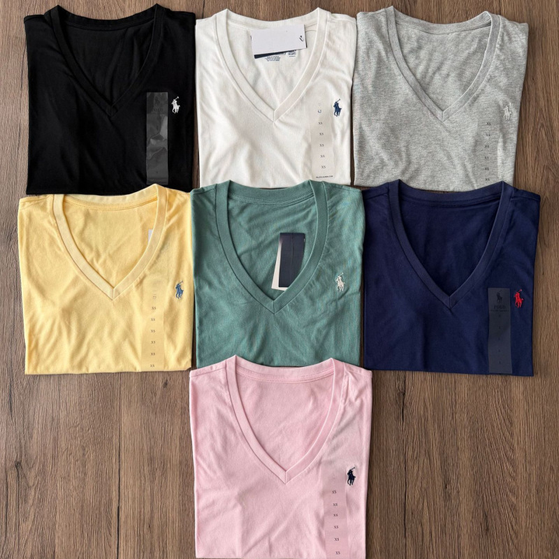 High-Quality, Scannable Qr Code Classic Embroidered Pony Cotton V-Neck T-Shirt, Comfortable, Thin, Breathable, Simple Women's Top