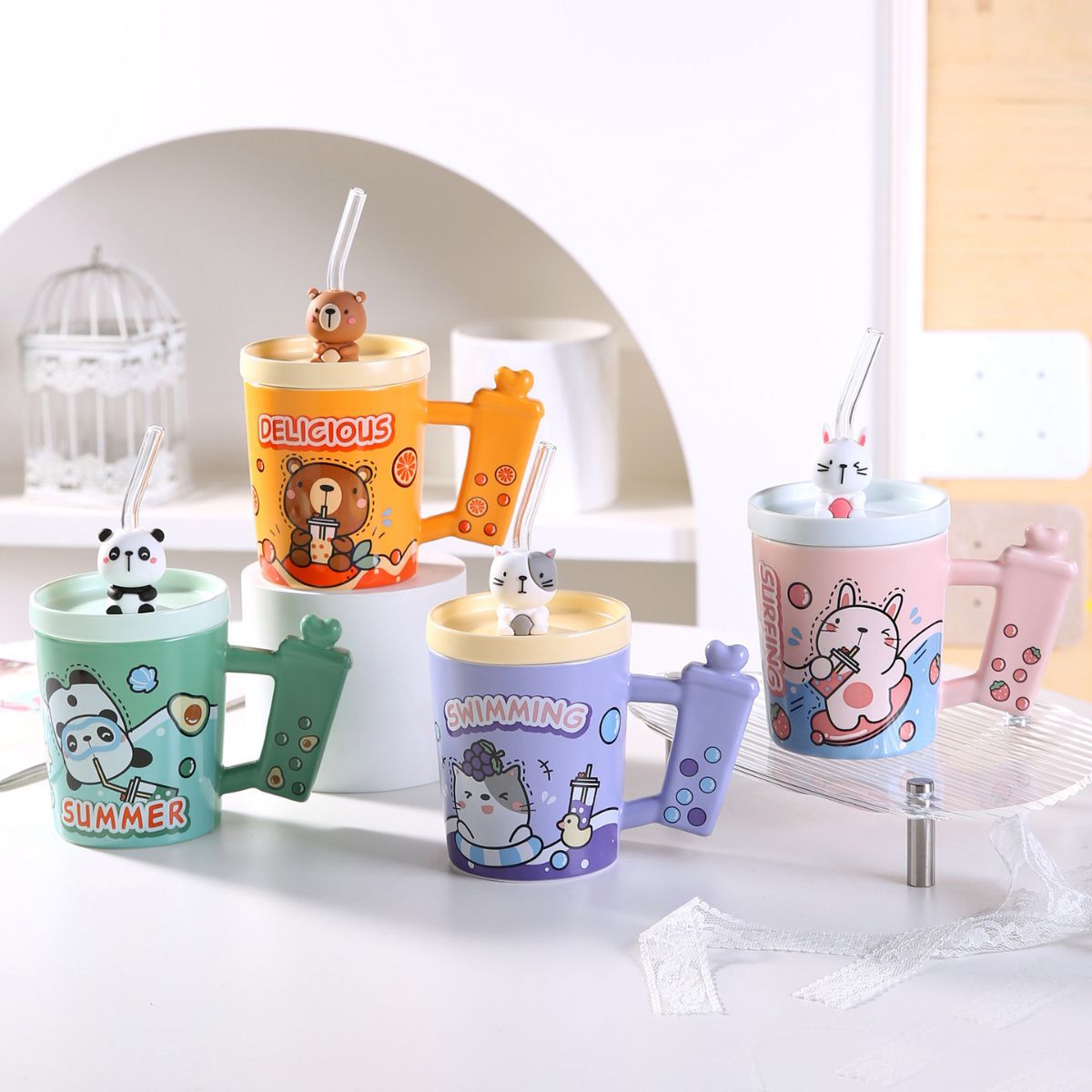Creativo del color caramelo animal helado leche taza de té lindo cerámica paja dibujos animados lindo regalo