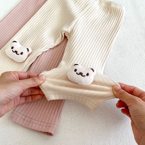  Autumn Infant Girl Bear Head Embroidered Vest + Solid Color Bottoming Shirt + Hollow Striped Leggings 3-piece Set