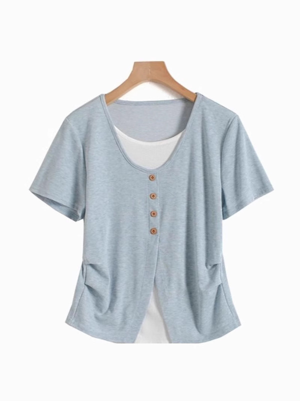 ブルー偽ツーピース半袖 Tシャツ女性の夏の新しい不規則な痩身ステッチ右肩ショートトップ女性のための卸売|undefined