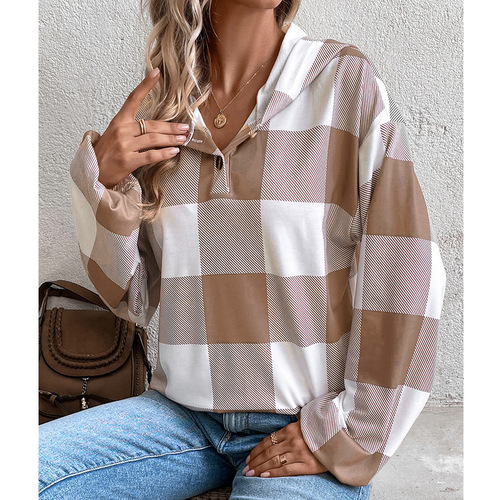 New Autumn/Winter Women's Fashionable Loose Casual Hoodie with Plaid Print and Button Closure, Long Sleeves – European and American Style